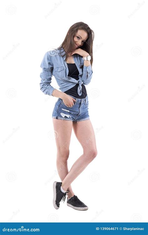 Beautiful Brunette Shy Woman Blushing While Smiling With Hand On Chin Stock Image Image Of