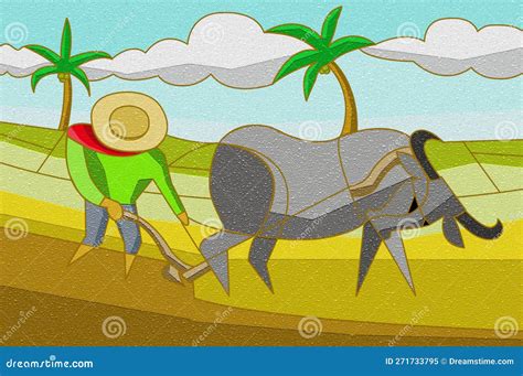 farmer plowing  fields cubism art stock illustration illustration
