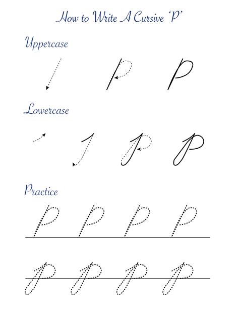 Cursive 'P' worksheets to practice capital, upper and lowercase letter
