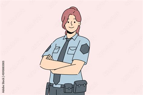 Smiling Female Police Officer In Uniform Standing With Arms Crossed