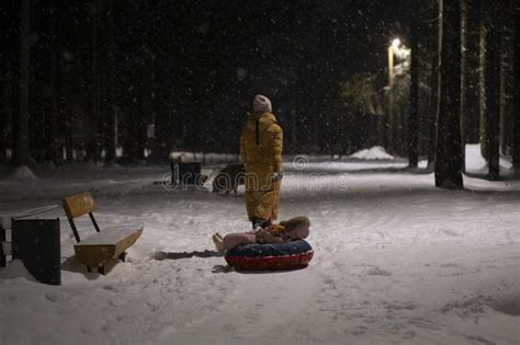 Snowfall At Night On The City Street Heavy Winter Snowfall Stock Image
