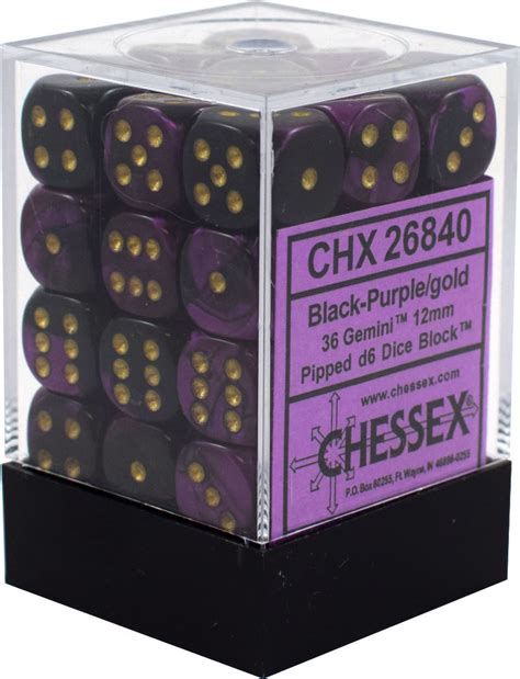 Chessex Dice 36 D6 12mm Gemini Black Purple Gold 38634