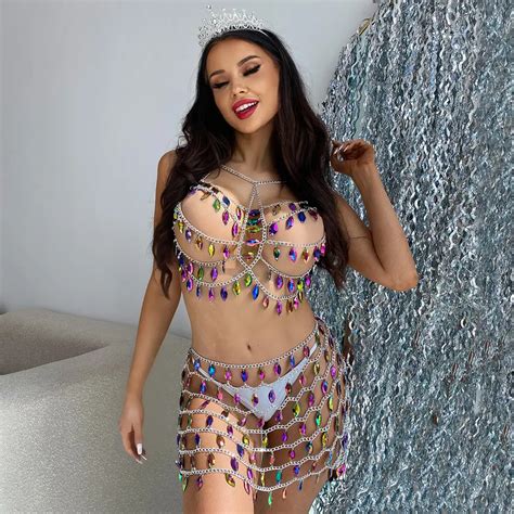 Rhinestone Bikini Body Chain Tassel Gemstone Halter Bra Chains Crystal Beach Rave Body