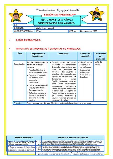 Sesion DE Aprendizaje Escribimos UNA Fabula 20 Noviemb 2023