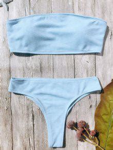Textured High Leg Bandeau Bikini Set In Light Blue Zaful