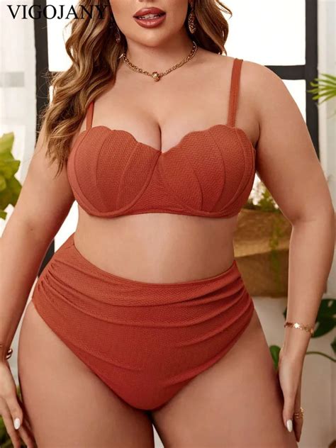 VigoJany 2025 Sexy Solid 2 Piece Plus Size Bikini Set Women Strapped Push Up Large Big