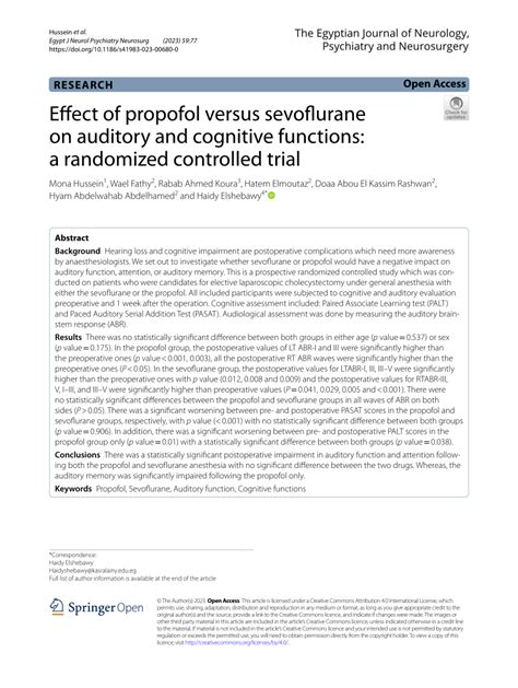 Pdf Effect Of Propofol Versus Sevoflurane On Auditory And Cognitive