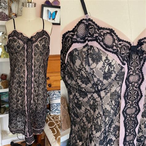 Vtg S Pink Black Lace Slip Sz M L Lingerie Gem