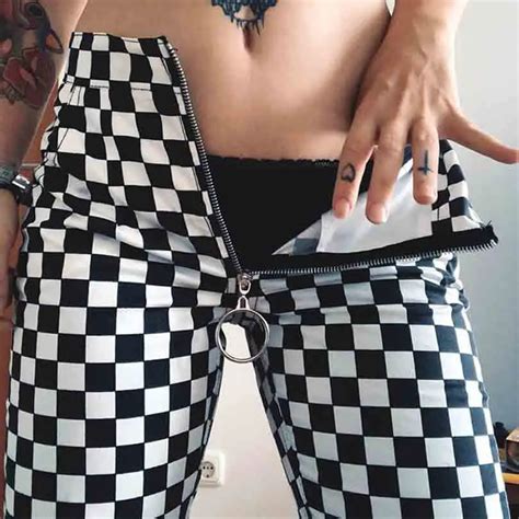 White Black Checkerboard Plaid Long Women Pants Front Zipper Back Zipper Punk Harajuku Girls