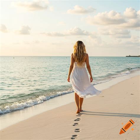 Woman With Blonde Hair In White Dress Walking On Beach At Sunset Leaving Footprints On Craiyon