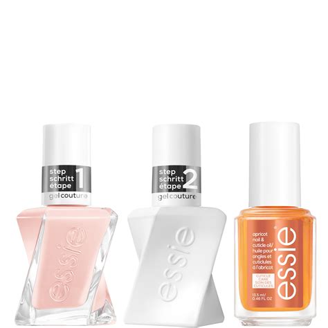 Essie Gel Couture Nude Nail Polish Top Coat And Apricot Cuticle Oil Care Bundle LOOKFANTASTIC