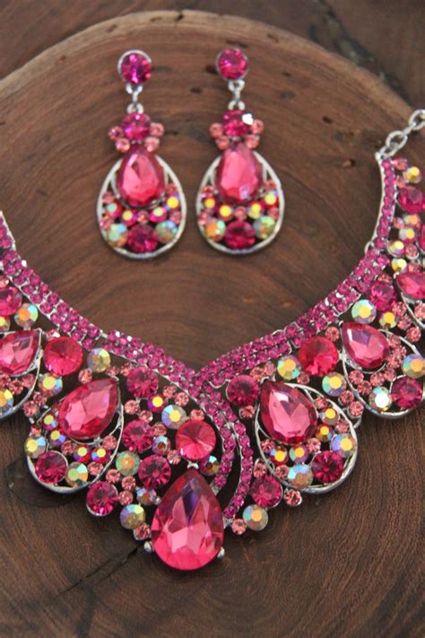 Hot Pink Necklace And Earrings Set Pink Prom Necklace And Etsy