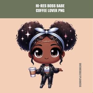 Chibi Clipart Boss Babe Coffee Lover PNG Girl Boss Fashion Black Girl Clipart PNG Digital