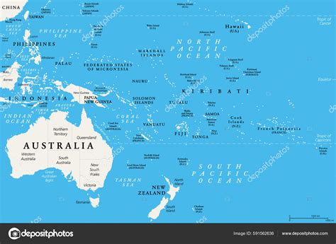 Oceania Political Map Australia Pacific Including New Zealand