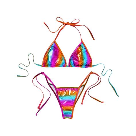 Women Metallic Bikini Set Bathing Suits Lace Up Padded Bra With Thongs Outfits Mirco Mini Bikini