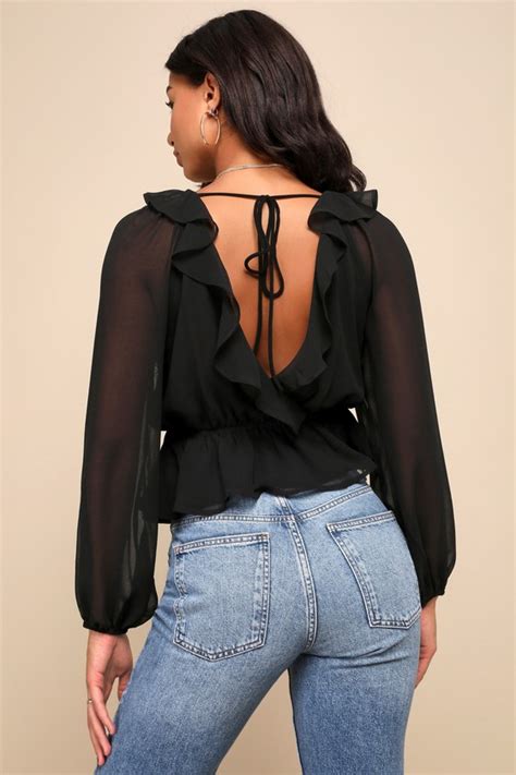 Black Chiffon Top Ruffled Top Balloon Sleeve Top Blouse Lulus