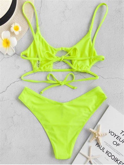 Zaful Shirred Strappy Neon Bikini Set Green Yellow Bikinis Neon