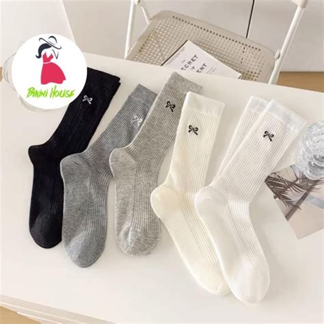 Sét Đôi Tất Cổ Cao Gân Tăm Vớ Vải Cotton Nơ Mềm Mịn Màu Pastel Cổ Bo Chun Siêu Co Giãn HOT
