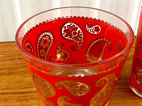 Mid Century Vintage Culver Red And Gold Glass Paisely Pattern Etsy