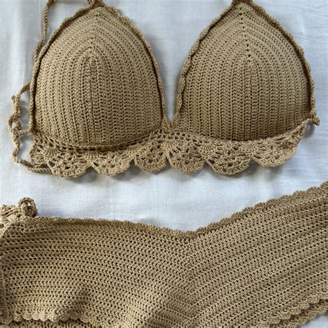 Tan Crochet Bikini Set Bottoms And Top Can Be Worn Depop