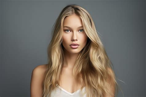 Premium AI Image Beautiful Model With Long Smooth Flying Blonde Hair Isolated On Grey Studio