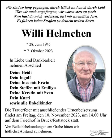 Traueranzeigen Von Willi Helmchen M Rkische Onlinezeitung Trauerportal