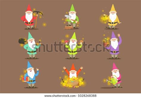 Classic Garden Gnomes Colorful Outfits Set Stock Vector Royalty Free