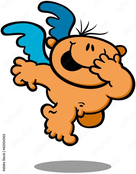 Cute Naked Cupid With Blue Wings Floating Above The Ground And Laughing Shyly But Mischievously