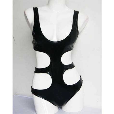 Women Faux Leather Lingerie Erotic Vinyl Deep Babydoll Jumpsuits Bandage Fashion Clubwear W