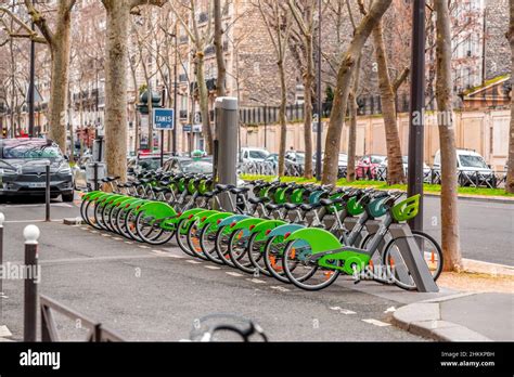 Paris France January 20 2022 Row Of Parked Velib Bikes Rentable