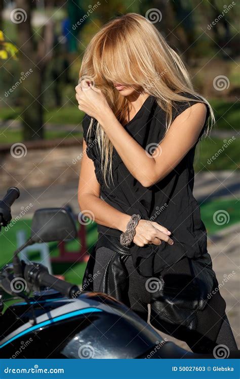 Blonde With Long Hair Near Motorcycle Stock Image Image Of Style Slim 50027603