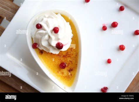 Creme Brulee Traditional French Vanilla Cream Dessert With Fruit Stock