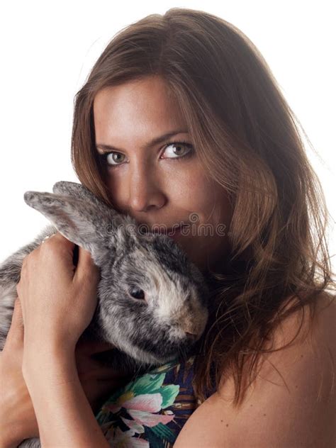 Smiling Beautiful Brunette Holding And Petting Her Bunny Stock Photo Image Of Girl Close
