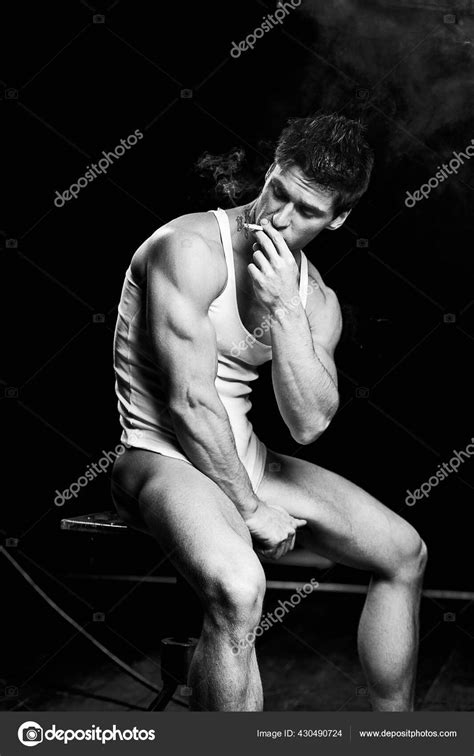 Naked Man Smoking Cigarette Sitting Chair Stock Photo Sergelee