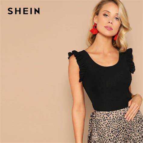 SHEIN Cute Black Ruffle Armhole Rib Knit Fitted Solid Tank Top Women