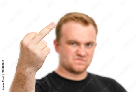 Aggressive Man With Blurred Face Showing Fuck Off Sign With The Middle Finger Isolated White