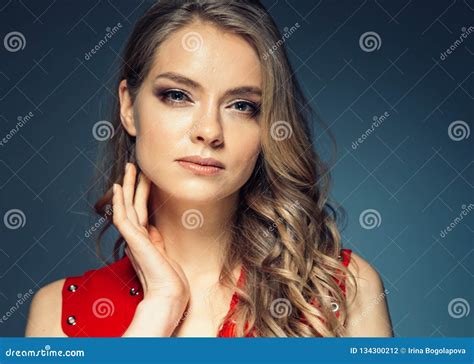 Woman In Red Dress With Long Blonde Hair Stock Photo Image Of Long Hairstyle 134300212