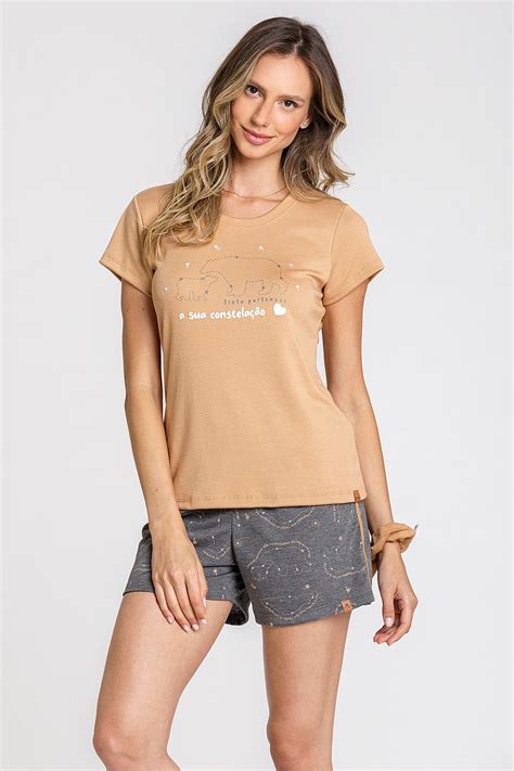 Short Doll Manga Curta Mostarda E Chumbo El Va Lingerie E Pijamas