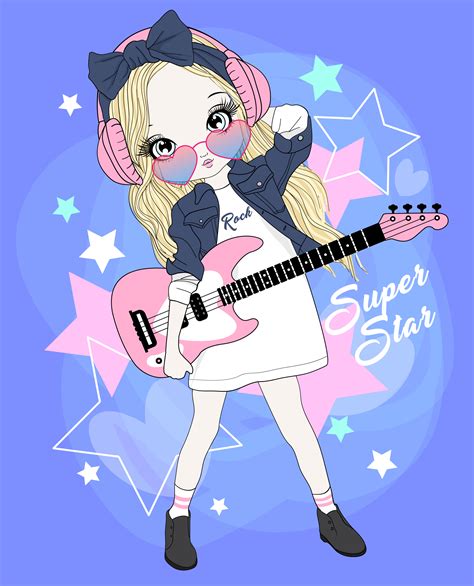 Hand Drawn Cute Girl Wearing Headphones Playing Electric Guitar 675917