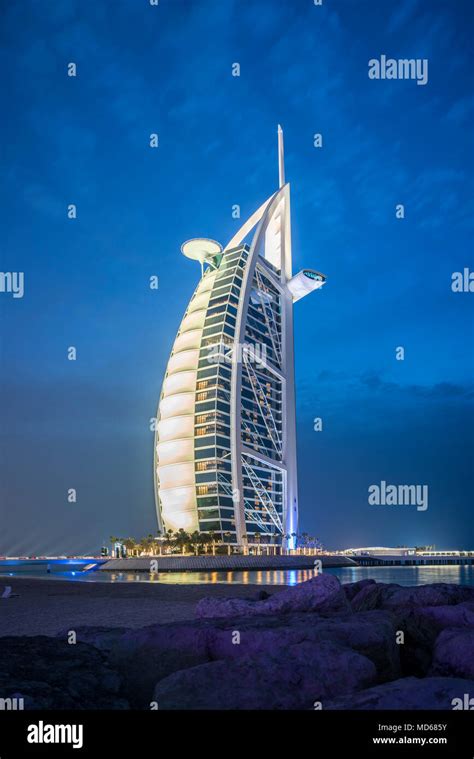 The Burj Al Arab illuminated at night in Dubai, UAE, Middle East Stock ...