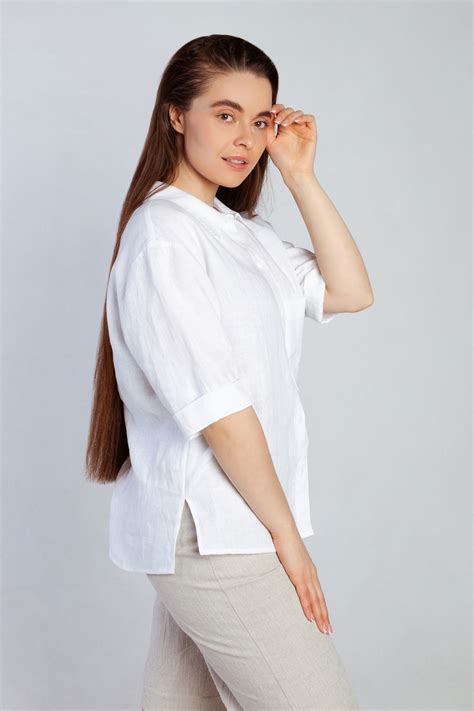 Рубашка женская льняная белая – заказать на Ярмарке Мастеров – NULWARU ...