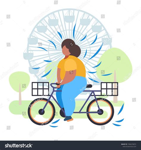 Fat Obese Woman Riding Bike Overweight เวกเตอร์สต็อก ปลอดค่าลิขสิทธิ์