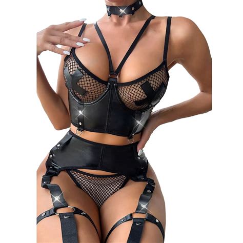 Women S Wet Look PU Leather Lingerie Set With Garter India Ubuy