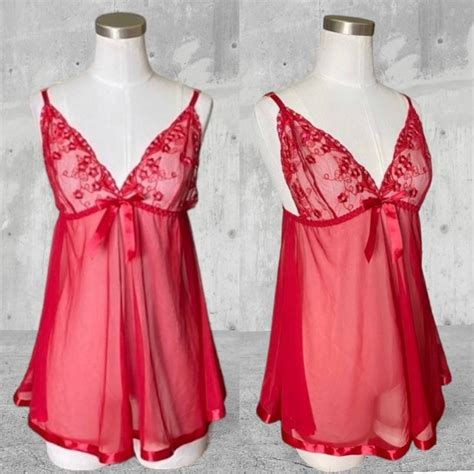 Intimates Sleepwear Red And Mesh Babydoll Sheer Lingerie Never Worn Size Medium Red Bow