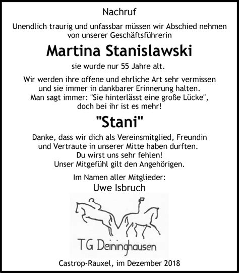 Traueranzeigen Von Martina Stanislawski Trauer In NRW De