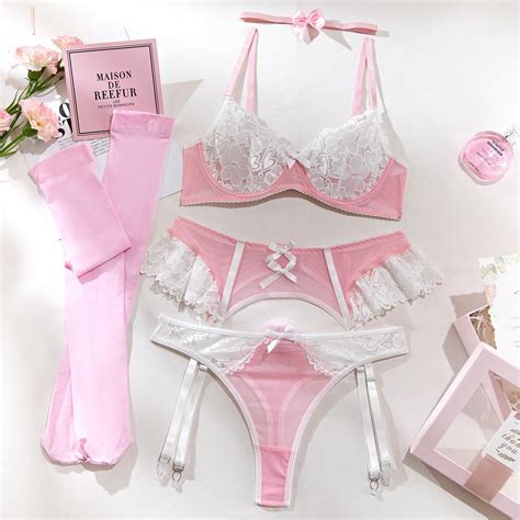 Snapklik Sexy Bow Choker Floral Lace Stocking Sheer Underwire Push Up Garter Lingerie Set