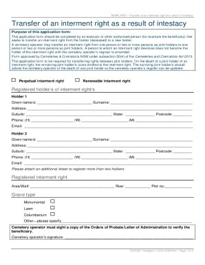 Fillable Online Transfer Of An Interment Right As A Result Of Intestacy