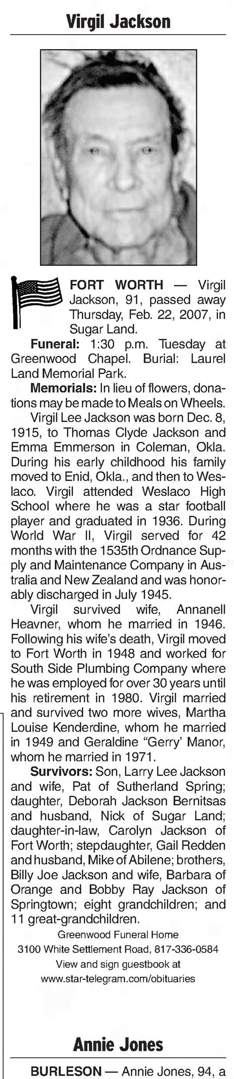 Obituary For Virgil Lee Jackson 1915 2007 Aged 94