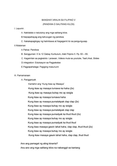 Banghay Aralin Sa Filipino V 2023 Banghay Aralin Sa Filipino V Pandiwa O Salitang Kilos I