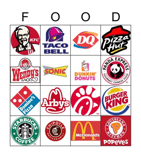 Fast Food Bingo Card